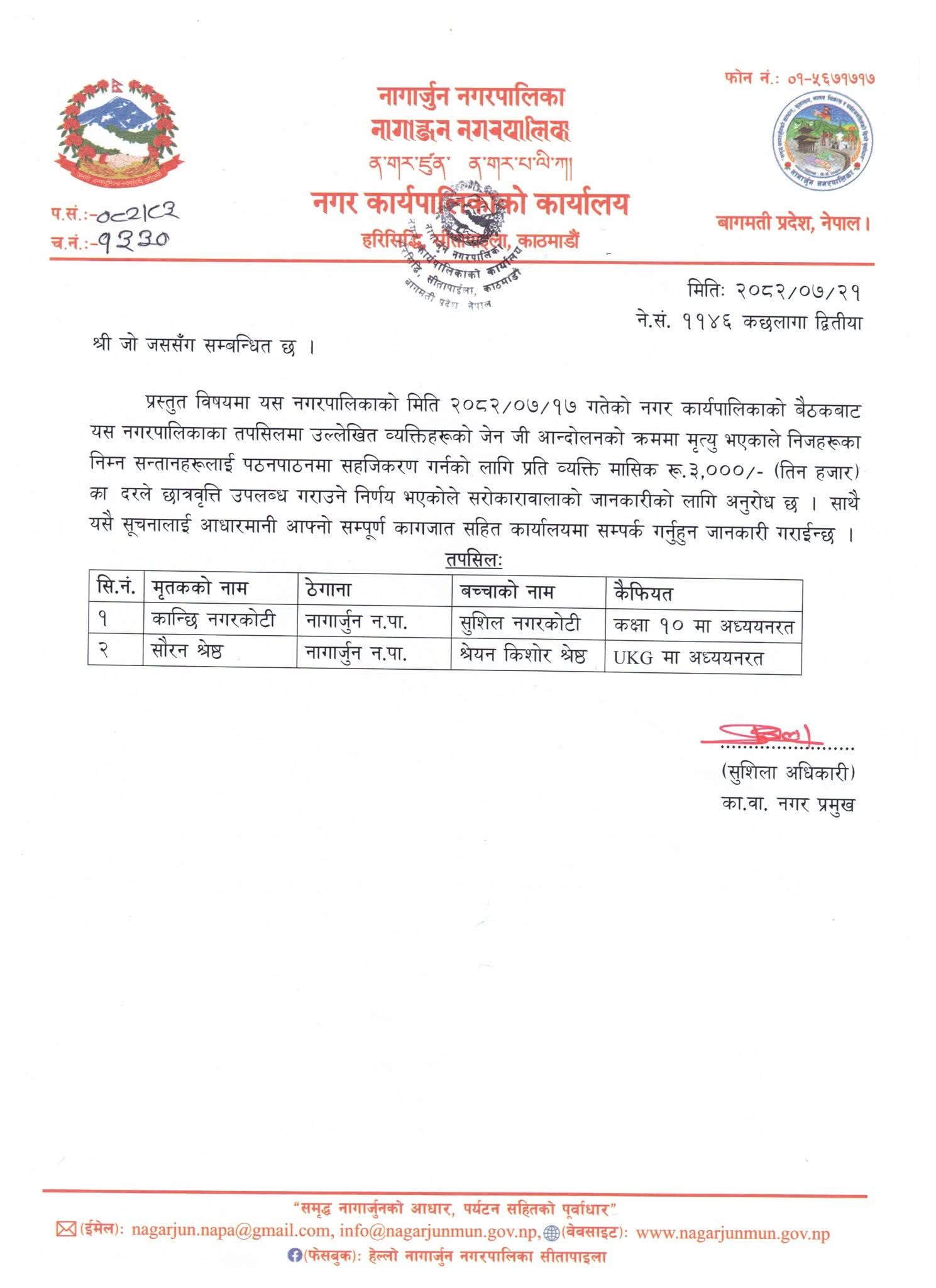 नागार्जुन नगरपालिकाको निर्णय: जेन जी आन्दोलनमा मृत्यु भएका शहीदका सन्तानलाई छात्रवृत्ति
